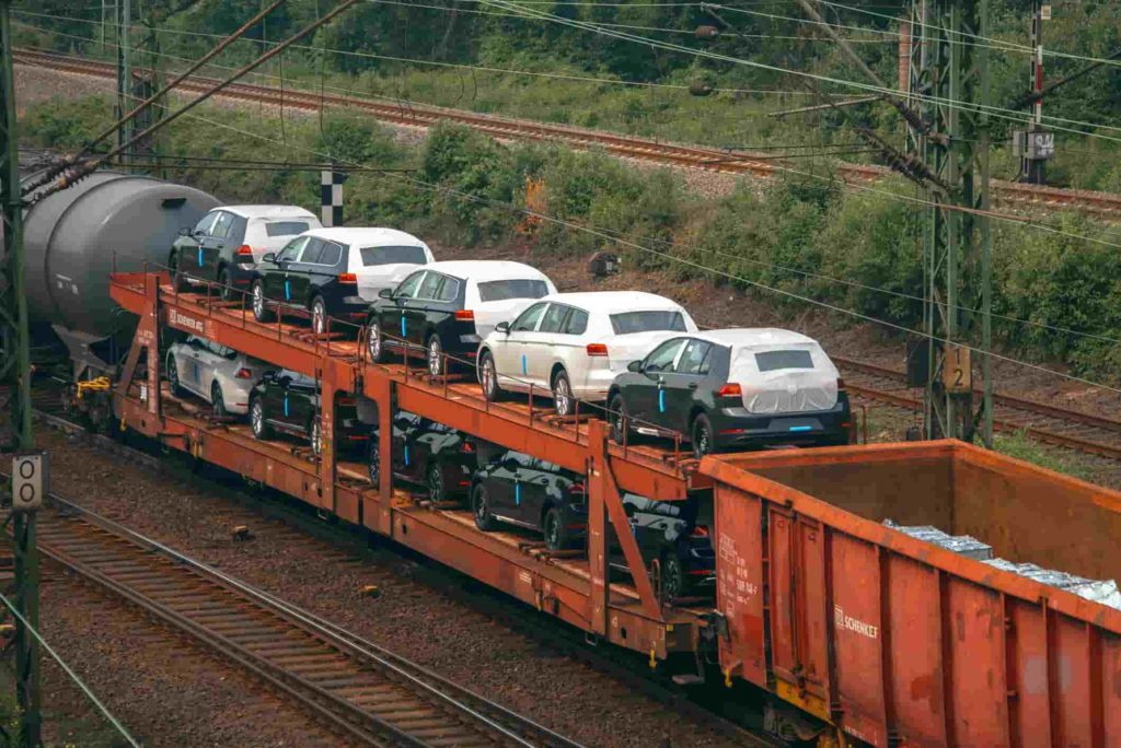 Cars being shipped on a train