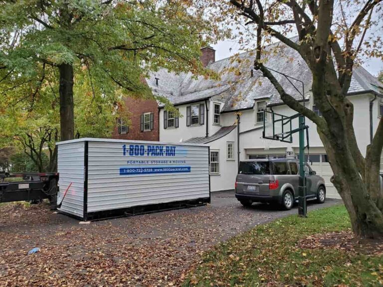 A 1-800-PACK-RAT moving container is dropped off at a customer's home in West Hartford, CT.