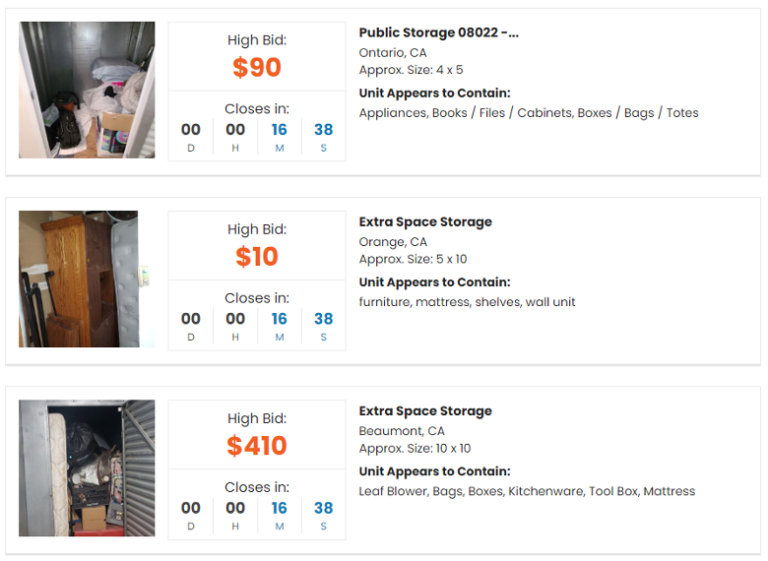 Three samples of storage auction listings: one Public Storage listing and two from Extra Space Storage