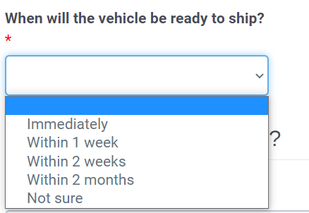A screenshot of an online car shipping quote that requests an estimated pickup date