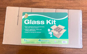 The Duck Brand Glass Kit comes with one small box and four dividers to separate 9 tall glasses.