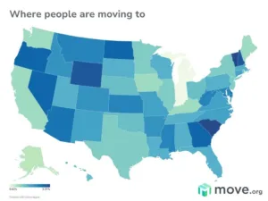 Map of the US showing the states that people are moving to, with South Carolina and Vermont seeing the most movers.