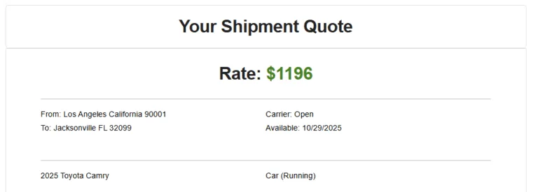 Screenshot of AmeriFreight Auto Transport quote from Los Angeles, CA to Jacksonville, FL