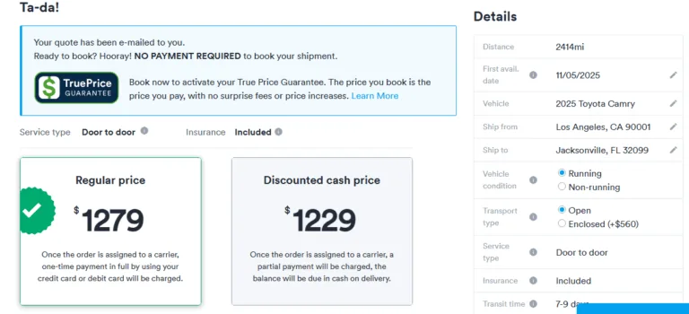 Screenshot of Montway Auto Transport quote from Los Angeles, CA to Jacksonville, FL