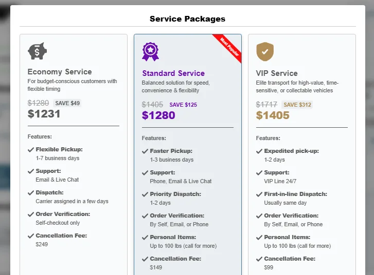 Screenshot of SGT Auto Transport quote from Los Angeles, CA to Jacksonville, FL