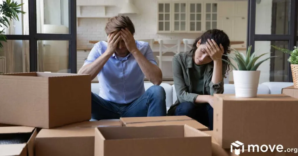 Exhausted young couple sit on sofa in living room near heap of cardboard boxes after movers didn't show up.
